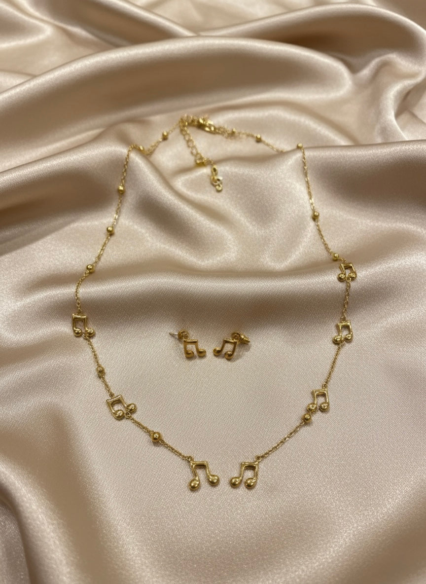 Musical note charm gold necklace with earrings