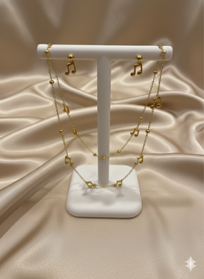 Musical note charm gold necklace with earrings