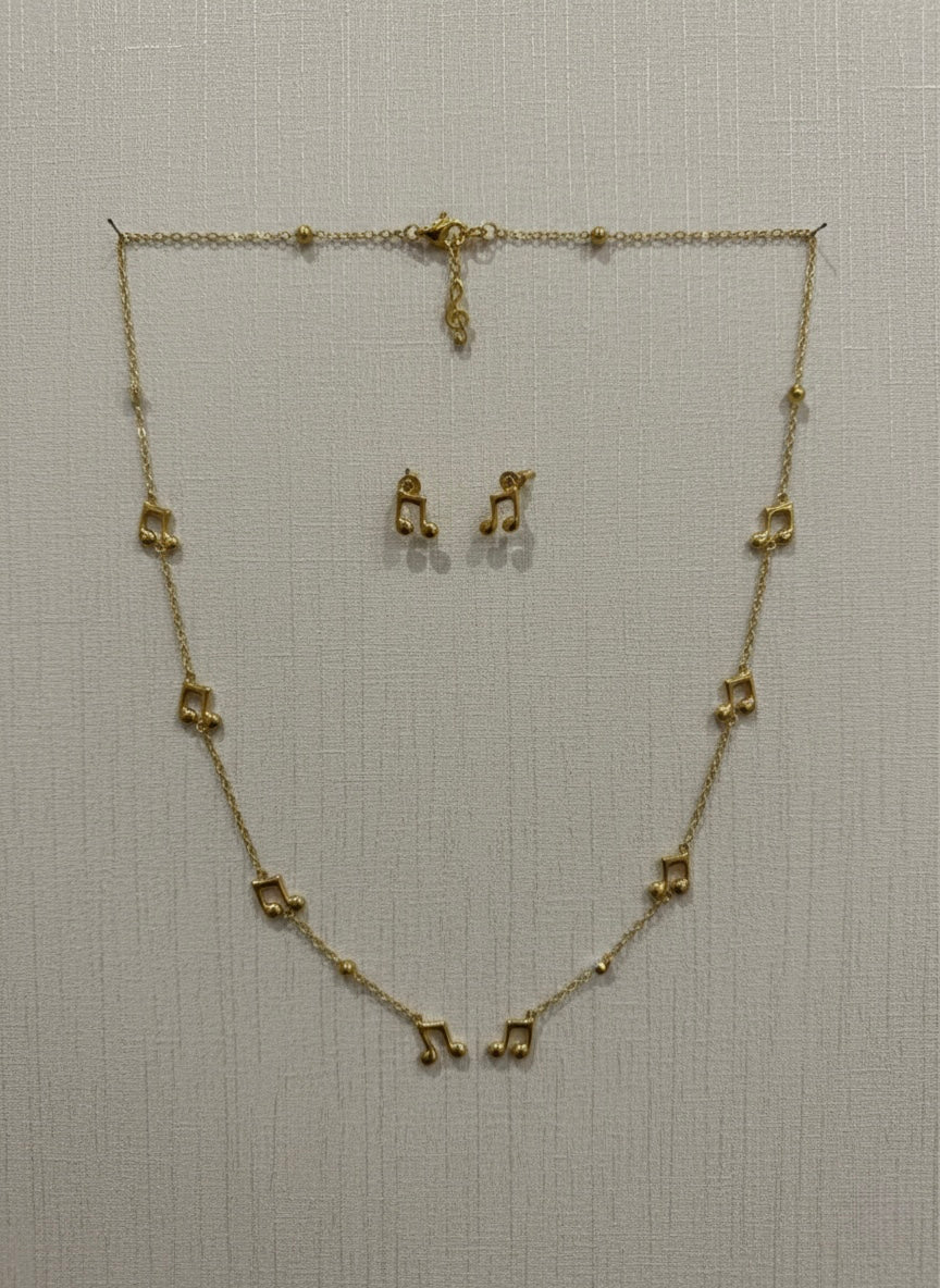 Musical note charm gold necklace with earrings