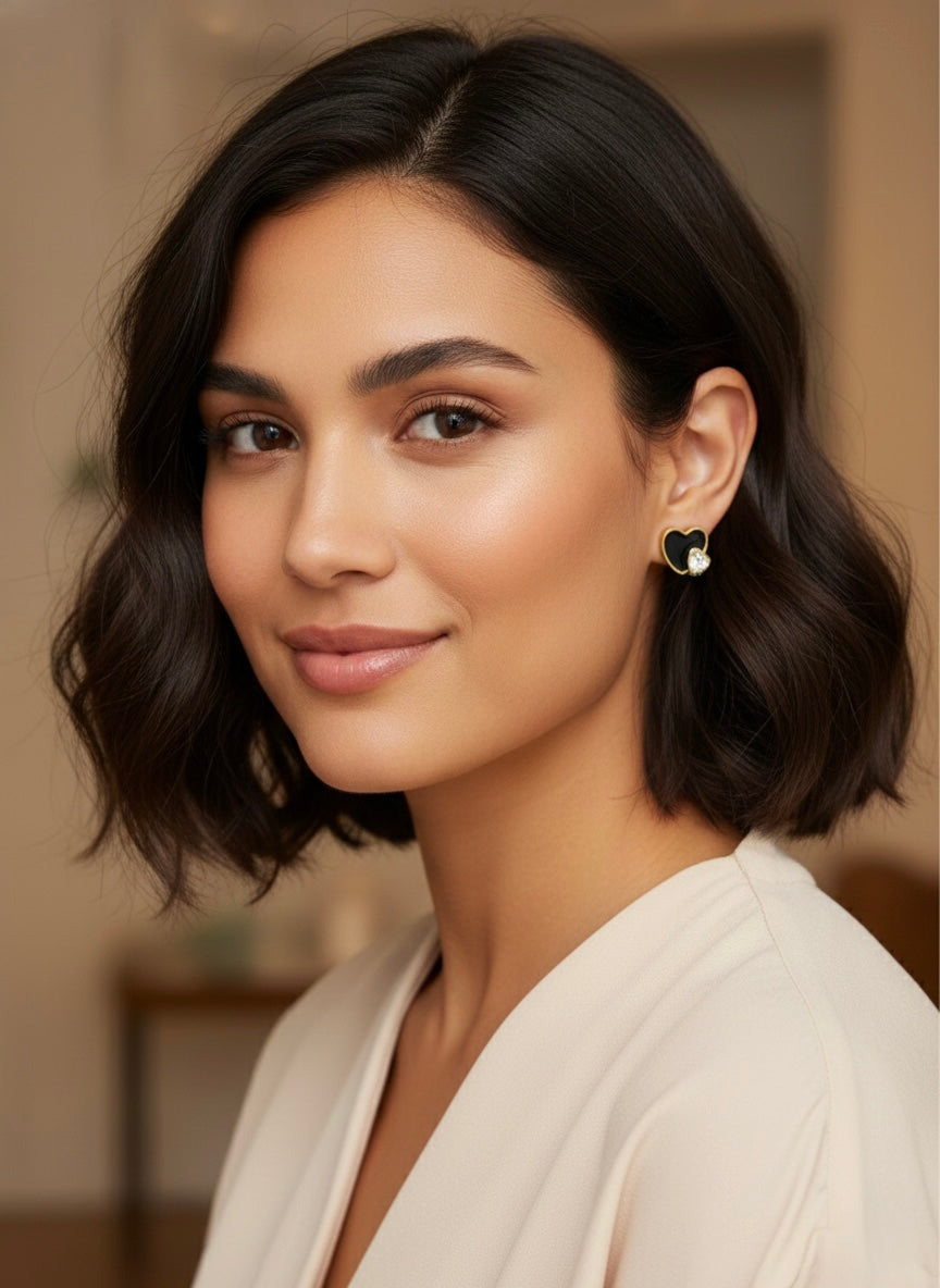 Chic black and solitaire heart studs