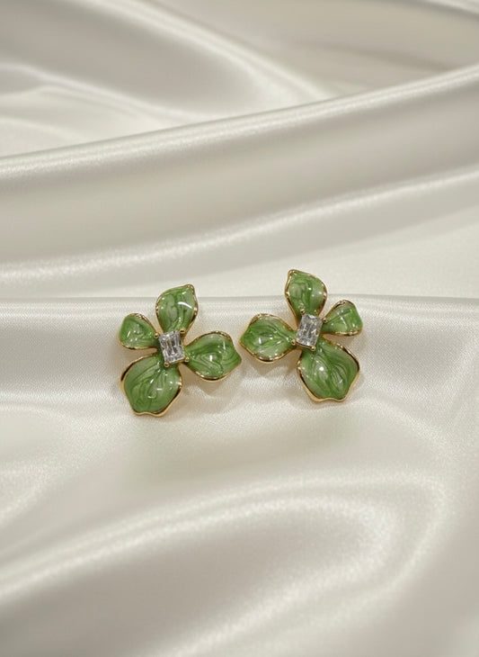 Vibrant green enamel crystal floral studs