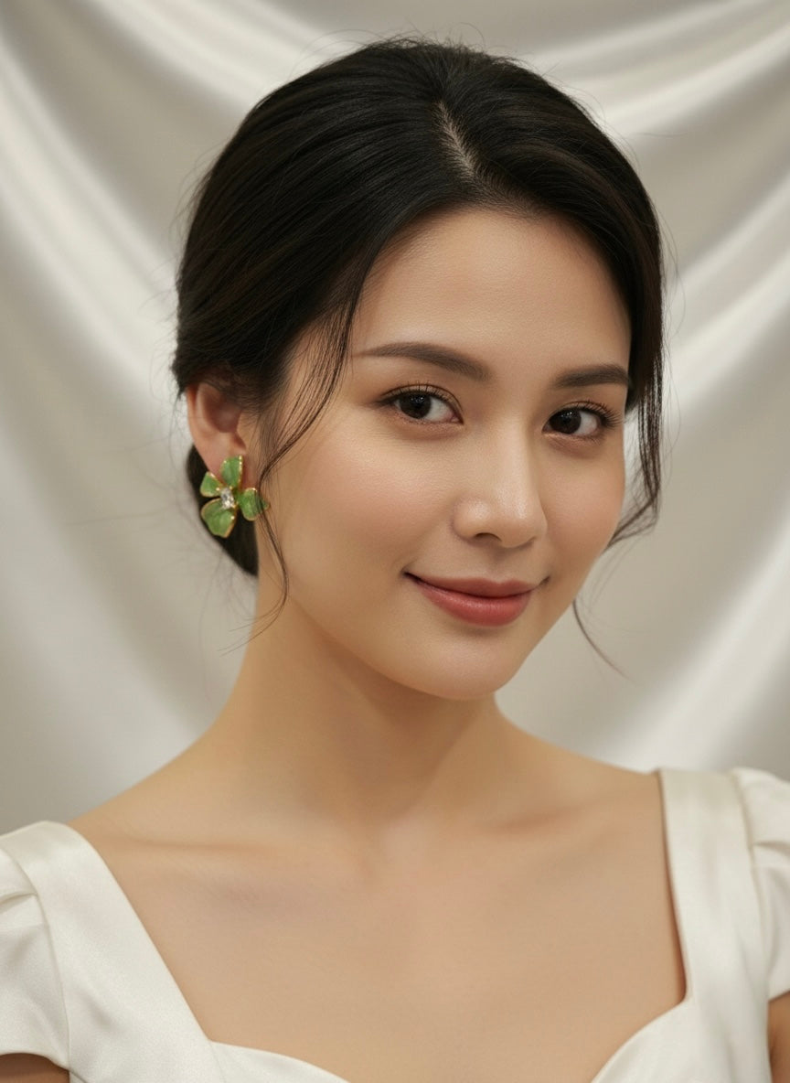 Vibrant green enamel crystal floral studs