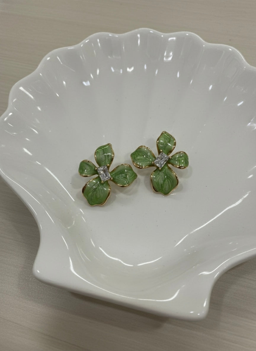 Vibrant green enamel crystal floral studs