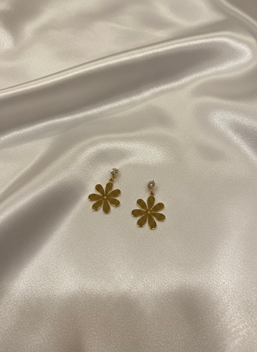 Gold solitaire flower drop earrings