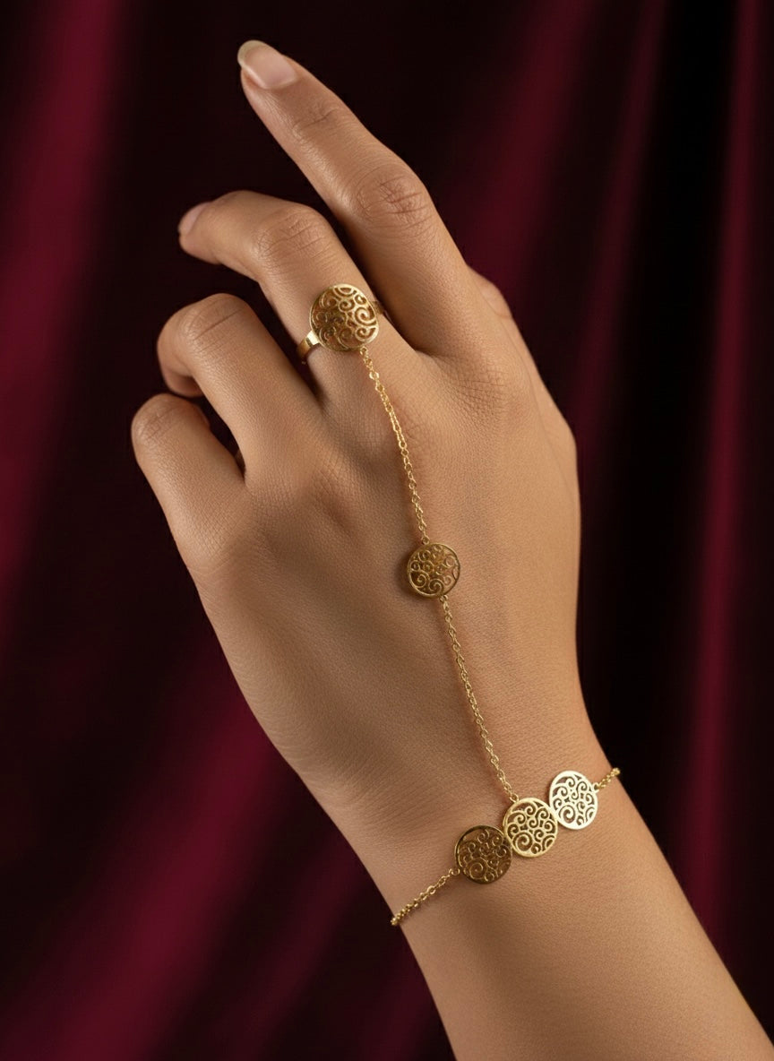 Gold filigree with adjustable ring hand bracelet
