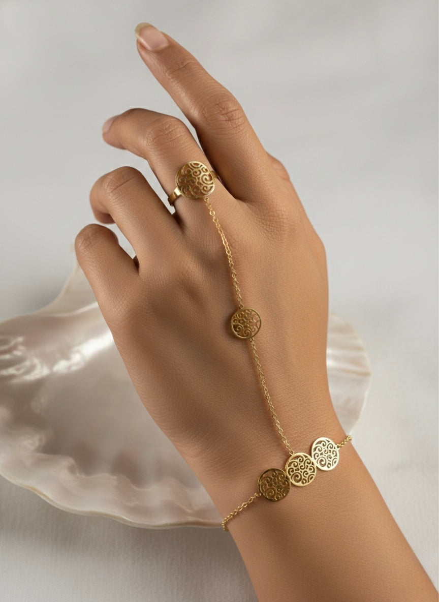 Gold filigree with adjustable ring hand bracelet