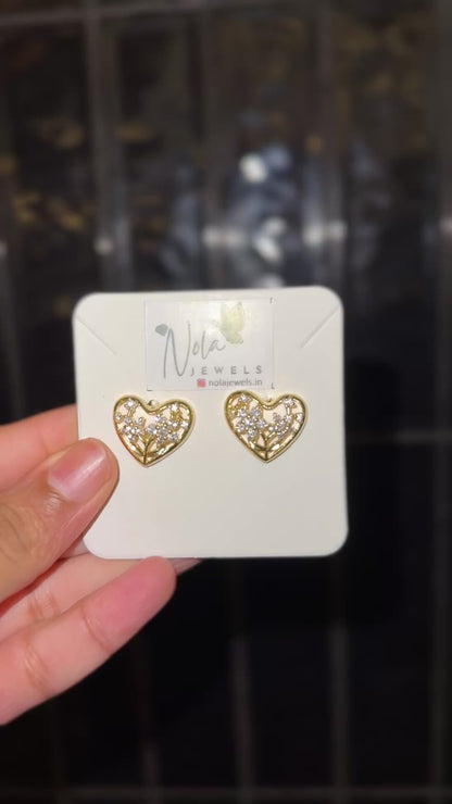 Romantic gold heart crystal stud earrings.